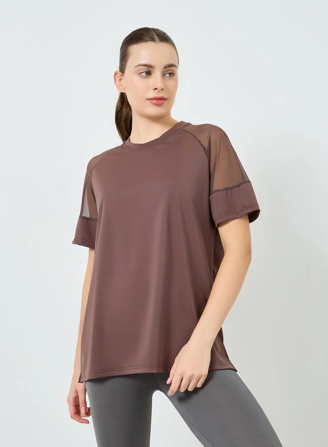 Styli Active Women Brown Shoulder Mesh Panel Yoga Top