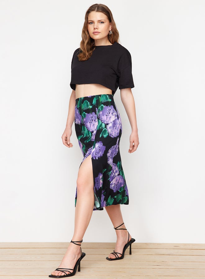 trendyol Lilac Slit Detail Viscose Fabric Patterned Midi Woven Skirt - Image 2