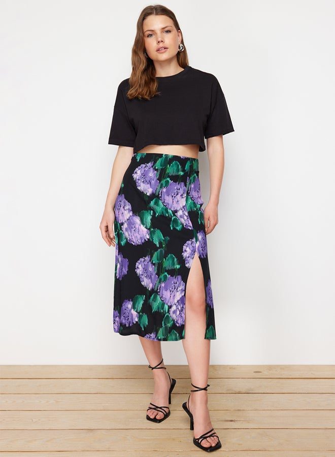 trendyol Lilac Slit Detail Viscose Fabric Patterned Midi Woven Skirt - Image 1