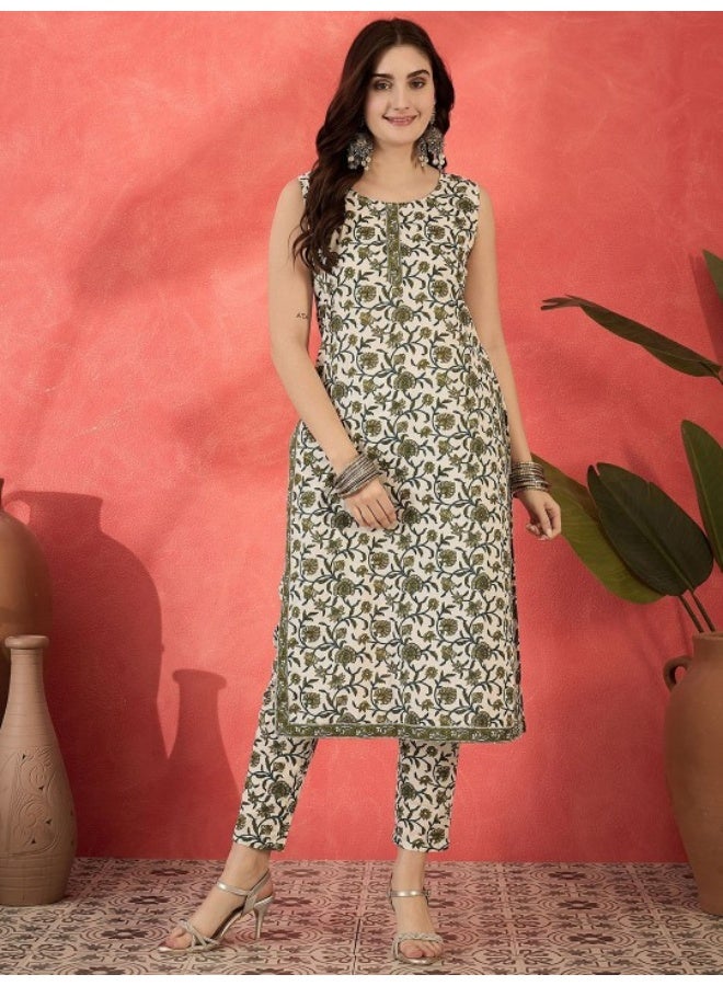 AKS Cream & Green Printed Cotton Kurta Set - Image 1