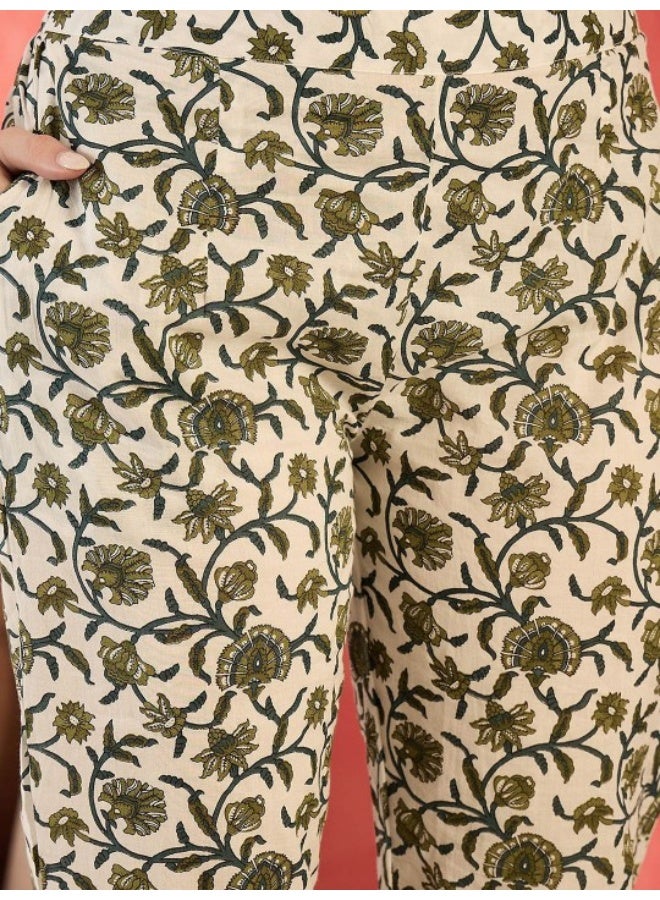 AKS Cream & Green Printed Cotton Kurta Set - Image 3