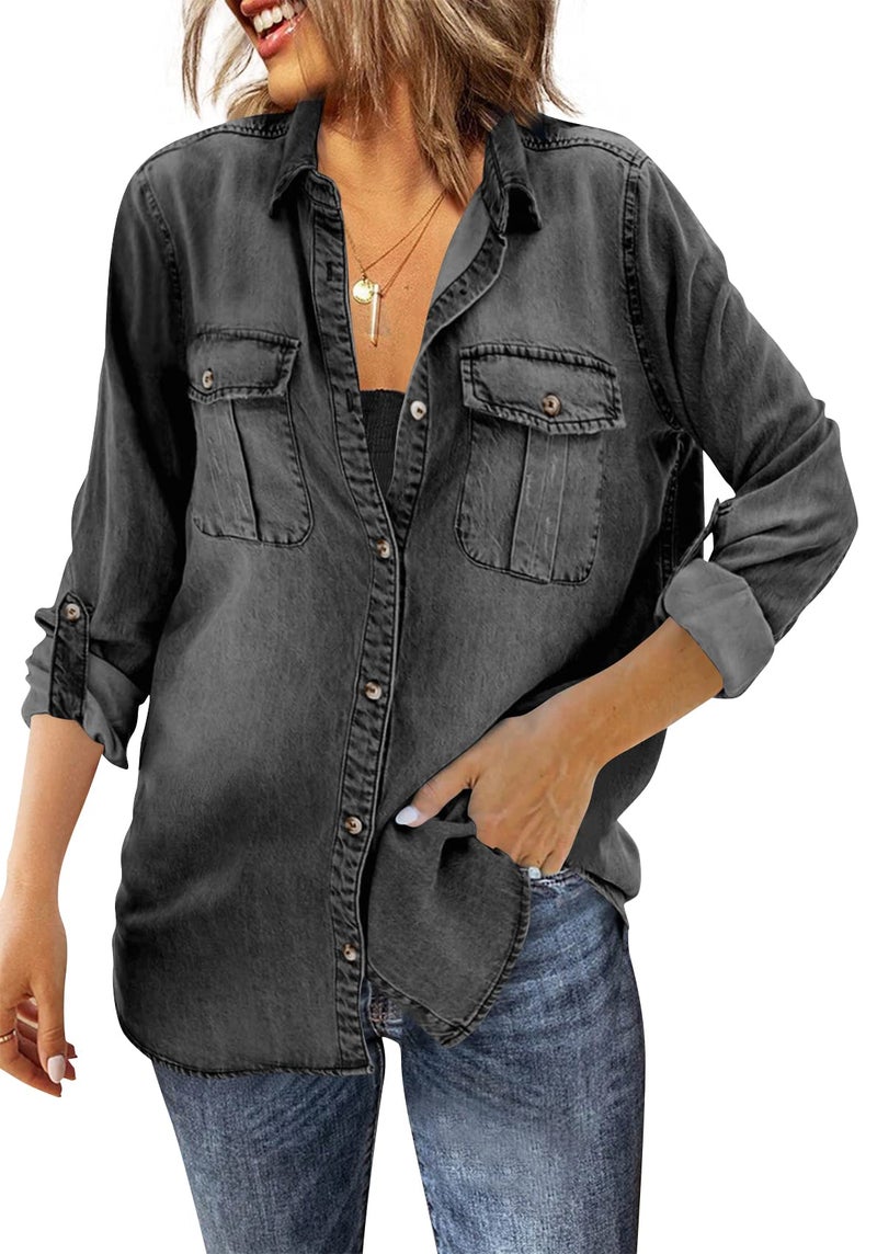 Runcati Womens Button Down Denim Shirt Long Sleeve Roll Up Casual Oversized Jean Shirt Jacket Distressed Tunic Tops Black