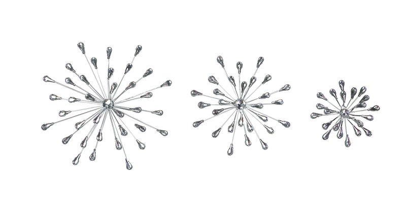 Zeckos Set of 3 Metal Starburst Wall Sculptures  Silver Finish Durable  Elegant Home Decor12 9 6 Diameter Easy to Hang CrystalAdorned EyeCatching Accents 