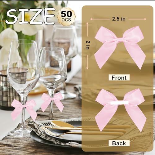 Sokfone Satin Ribbon Pink Bows 2 Self Adhesive Satin Bows Gift Wrapping Premade Ribbon Bows with DoubleSided Tape for Making for DIY Brithday Christmas Party Gift Wrap Bows for Bags 50 pcs - Image 3