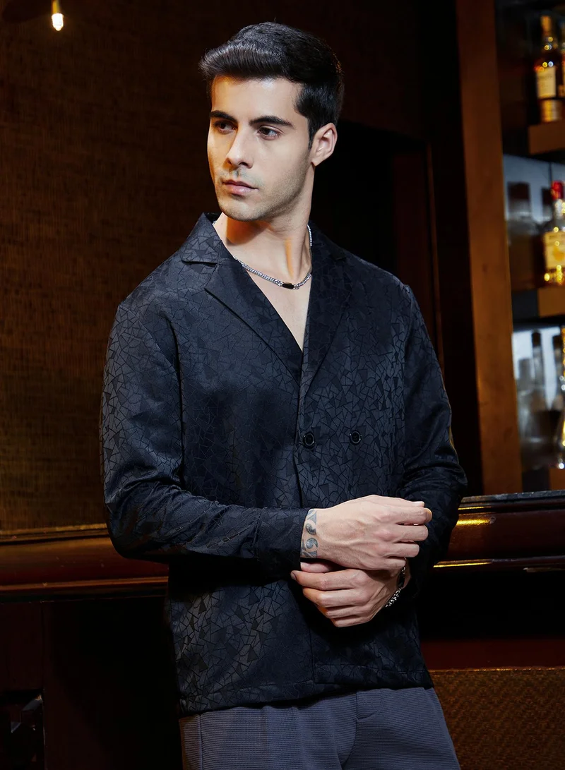 كامبوس سوترا Men's Midnight Black Double-Breasted Moziac Shirt For Casual Wear | Lapel Collar | Long Cuffed Sleeves | Button Closure | Shirt Crafted With Comfort Fit For Everyday Wear
