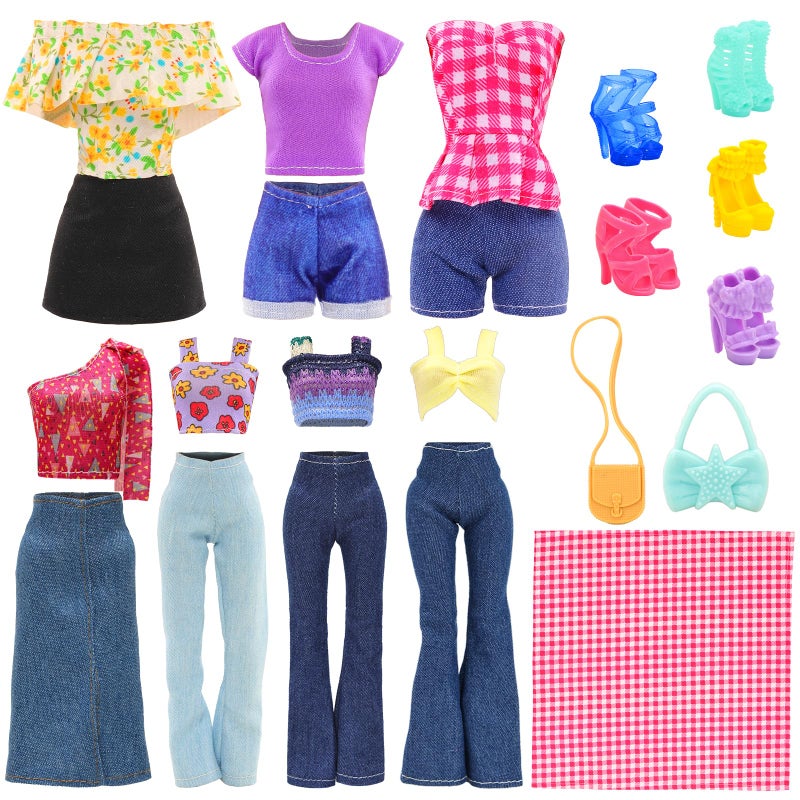 Barwa 17 Pcs Doll Clothes And Accessories For 11.5 Inch Girl Dolls Including 7 Sets Fashion Floral Skirts And Denim Skirts  Casual Tops And Pants With 2 Bags  5 Shoes  1 Plaid Picnic Mat - Image 2