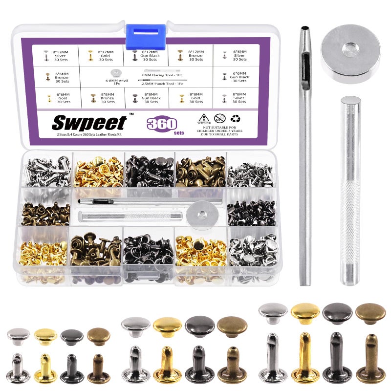 Swpeet 360 Sets 4 Colors 6mm 8mm 12mm Leather Rivets Double Cap Rivets with 3Pcs Fixing Tools Assortment Kit Leather Rivets Double Cap Rivets Tubular for DIY Leather Craft Clothes Shoes - Image 2