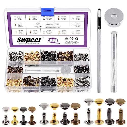 Swpeet 360 Sets 4 Colors 6mm 8mm 12mm Leather Rivets Double Cap Rivets with 3Pcs Fixing Tools Assortment Kit Leather Rivets Double Cap Rivets Tubular for DIY Leather Craft Clothes Shoes - Image 1