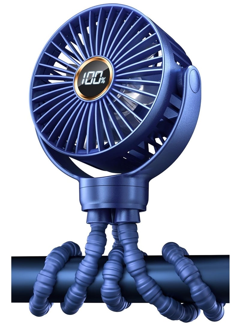 عام مروحة عربة أطفال محمولة، مروحة صغيرة بمشبك على المروحة، شاشة LED، حامل ثلاثي مرن يدور 360 درجة، مروحة مكتب تبريد شخصية صغيرة قابلة لإعادة الشحن باللون الأزرق - Image 1