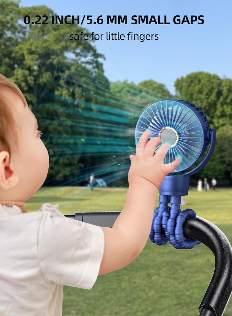 عام مروحة عربة أطفال محمولة، مروحة صغيرة بمشبك على المروحة، شاشة LED، حامل ثلاثي مرن يدور 360 درجة، مروحة مكتب تبريد شخصية صغيرة قابلة لإعادة الشحن باللون الأزرق - Image 5
