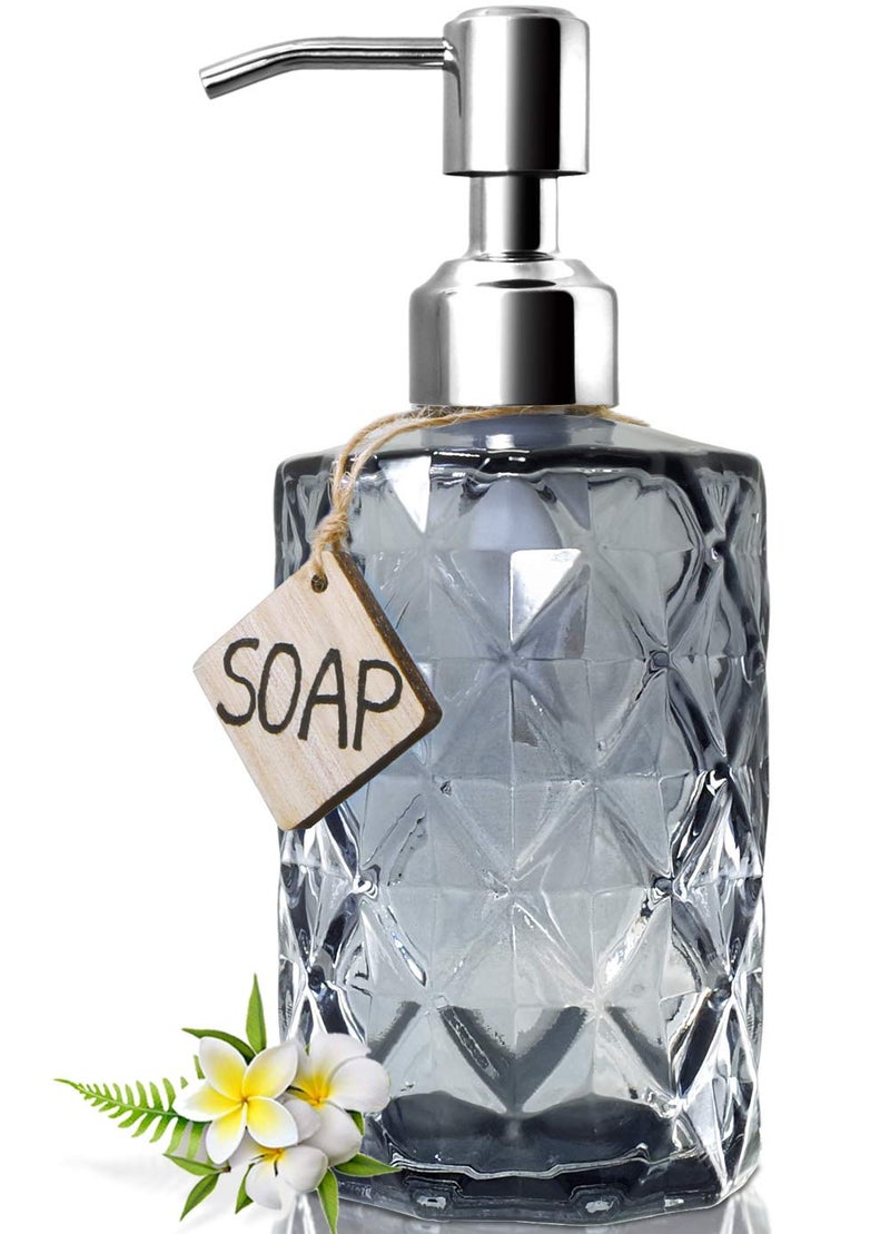 JASAI Diamond Design Glass Soap Dispenser with 304 Rust Proof Stainless Steel Soap Pump 12 Ounce Kitchen Soap Dispenser for Bathroom Hand Soap Dish Soap Grey