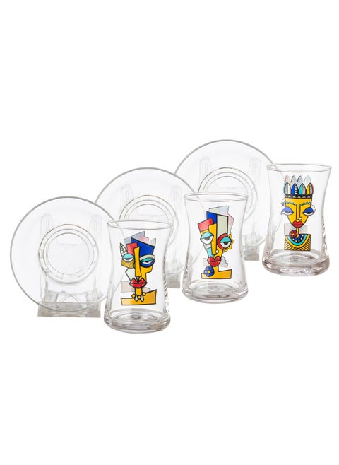 A Modern Tea Set With Fashion Graphics Consisting of 6 glass tea cups + 6 porcelain tea saucers
