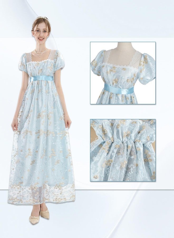 NSPSTT Golden Regency Dresses for Women Plus Size Victorian Ball Gown with Long White Gloves,cerulean, M - Image 2