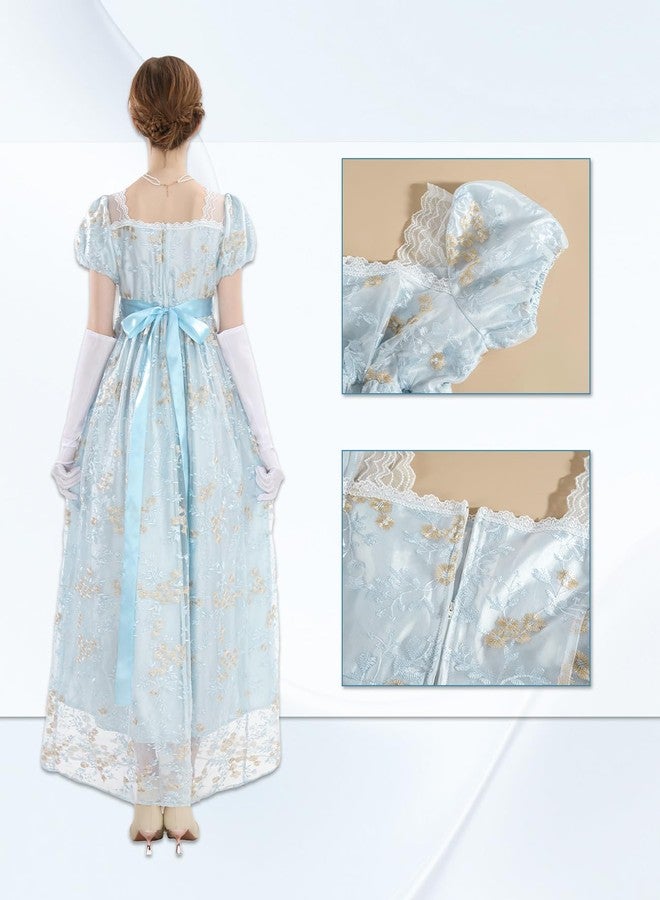 NSPSTT Golden Regency Dresses for Women Plus Size Victorian Ball Gown with Long White Gloves,cerulean, M - Image 3