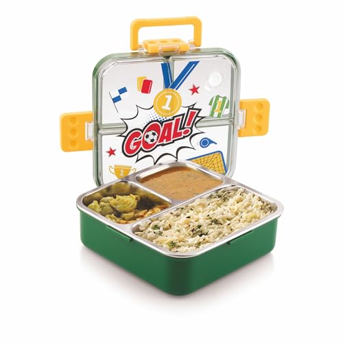 ATTRO Aspire Stainless Steel Lunch Box – 3 Compartment Bento Tiffin, Leak-Proof & Durable, Ideal for Kids, School, Picnic, Travel, with Spoon – 750ml – Yellow Green - Image 1