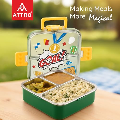 ATTRO Aspire Stainless Steel Lunch Box – 3 Compartment Bento Tiffin, Leak-Proof & Durable, Ideal for Kids, School, Picnic, Travel, with Spoon – 750ml – Yellow Green - Image 3