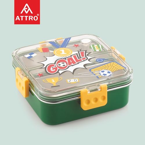 ATTRO Aspire Stainless Steel Lunch Box – 3 Compartment Bento Tiffin, Leak-Proof & Durable, Ideal for Kids, School, Picnic, Travel, with Spoon – 750ml – Yellow Green - Image 5