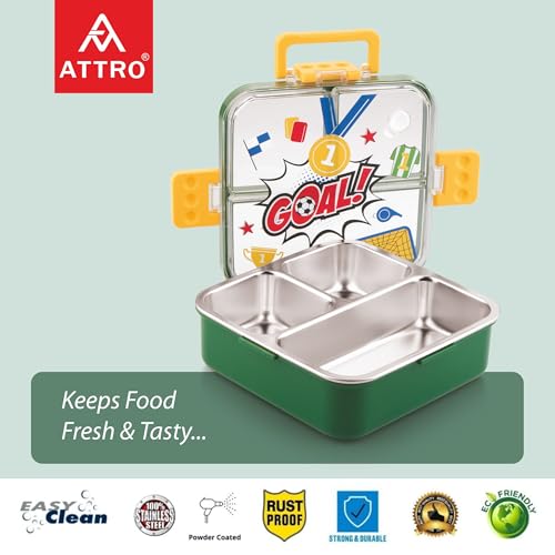 ATTRO Aspire Stainless Steel Lunch Box – 3 Compartment Bento Tiffin, Leak-Proof & Durable, Ideal for Kids, School, Picnic, Travel, with Spoon – 750ml – Yellow Green - Image 2