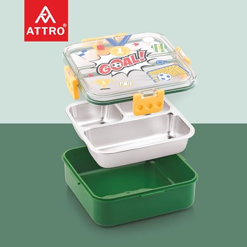 ATTRO Aspire Stainless Steel Lunch Box – 3 Compartment Bento Tiffin, Leak-Proof & Durable, Ideal for Kids, School, Picnic, Travel, with Spoon – 750ml – Yellow Green - Image 4