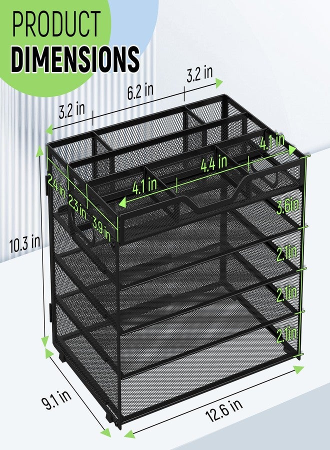Docnest 5 Tier Mesh Desk Organizer- Letter Tray with Adjustable Compartments, Mesh Desktop Storage Built in Pen Holder and Handles, Desk Organizer Tray for Mail Documents Office Supplies-Black - Image 3