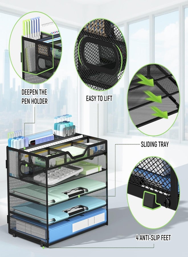Docnest 5 Tier Mesh Desk Organizer- Letter Tray with Adjustable Compartments, Mesh Desktop Storage Built in Pen Holder and Handles, Desk Organizer Tray for Mail Documents Office Supplies-Black - Image 5