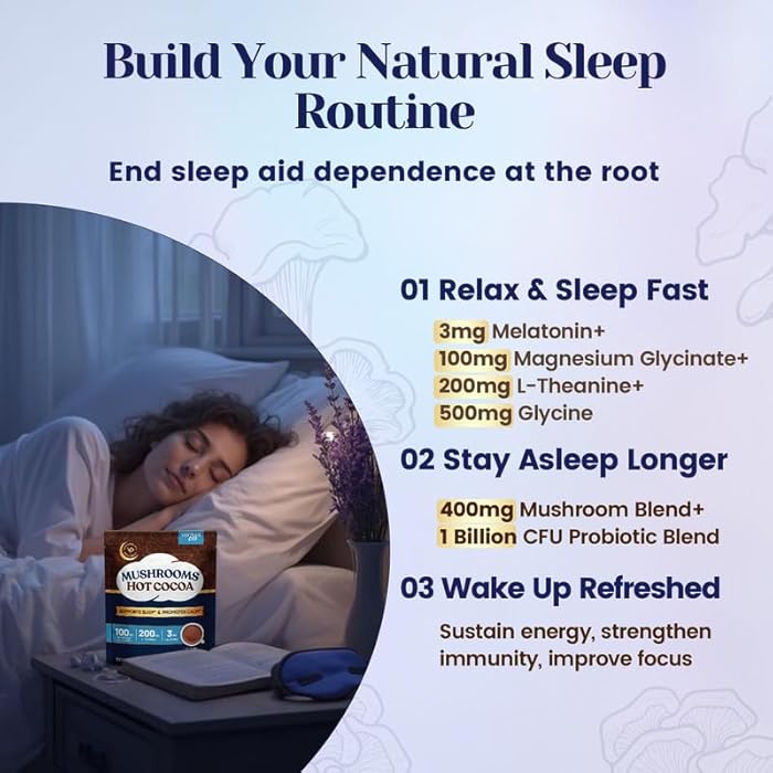 Venture Pal Mushroom Hot Cocoa Powder with Magnesium Glycinate, Natural Sleep Aid with Reishi & L-Theanine for Adults, 12 Superfoods, Melatonin 3mg, Unsweetened Hot Chocolate Drink Mix for Sleep, 30 Servings - Image 3