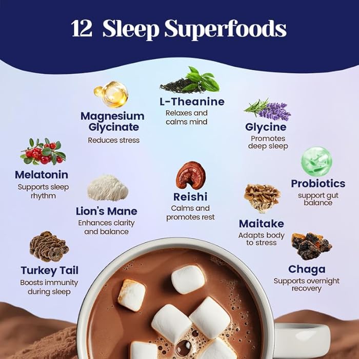 Venture Pal Mushroom Hot Cocoa Powder with Magnesium Glycinate, Natural Sleep Aid with Reishi & L-Theanine for Adults, 12 Superfoods, Melatonin 3mg, Unsweetened Hot Chocolate Drink Mix for Sleep, 30 Servings - Image 5