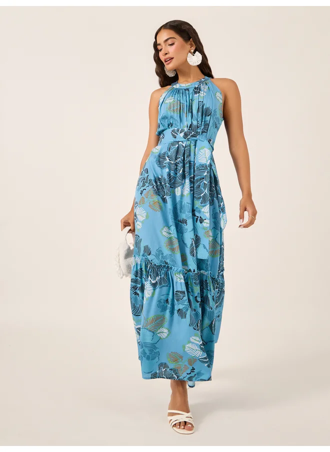 ستايلي Styli All Over Print Halter Neck A-Line Maxi Dress