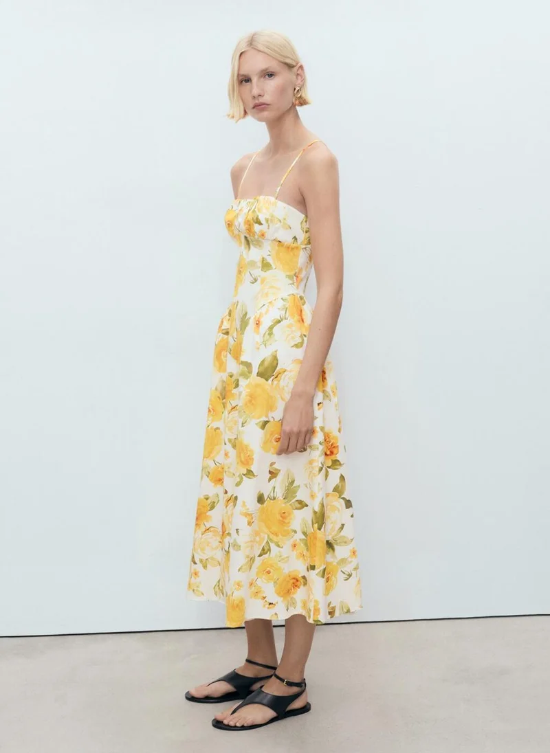 مانجو Floral Midi-Dress With Gathered Neckline