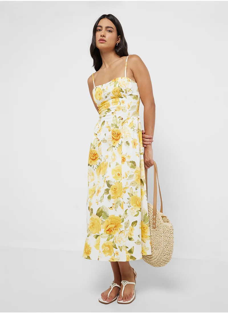 مانجو Floral Midi-Dress With Gathered Neckline