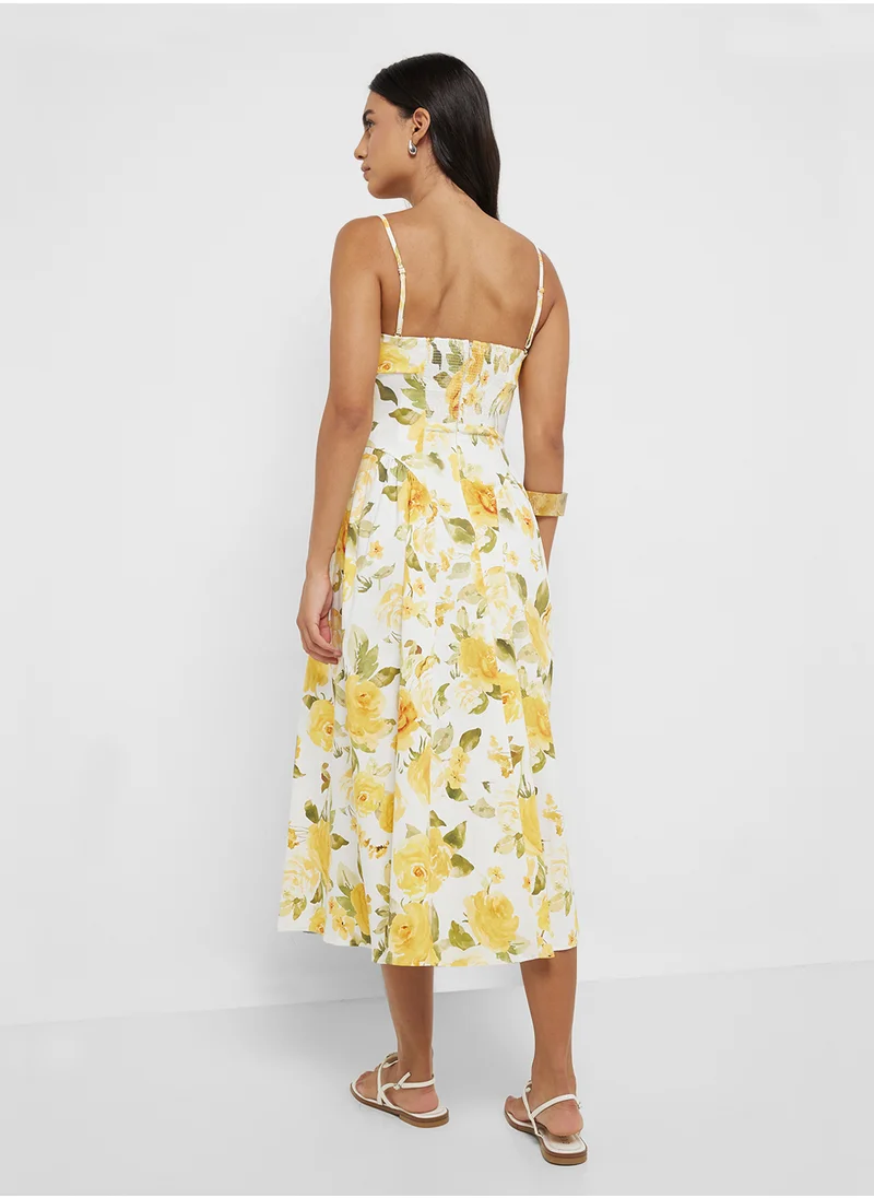 مانجو Floral Midi-Dress With Gathered Neckline