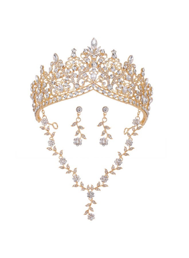 Kamirola Tiaras And Crowns For Women,3-Pack Tiaras Earrings Necklace, Crystal Bridal Jewelry Set, Costume Party Halloween Prom Pageant Jewelry For Women (Gold White) - Image 1