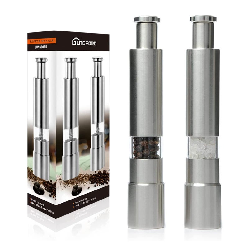 2 Pieces Premium Stainless Steel Salt Grinder and Pepper Mill Set for Pepper Sea Salt Himalayan Salt and Spices with Thumb Button for One Hand Operation