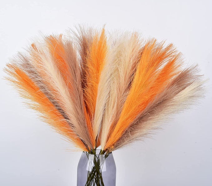 ORANGE PAMPAS GRASS DECOR23INCH 12PCS FAUX PAMPAS GRASS BOUQUETS ARTIFICIAL PAMPAS FAKE PAMPAS FLOWER FOR HOME LIVING ROOM BEDROOM VASE DECOR