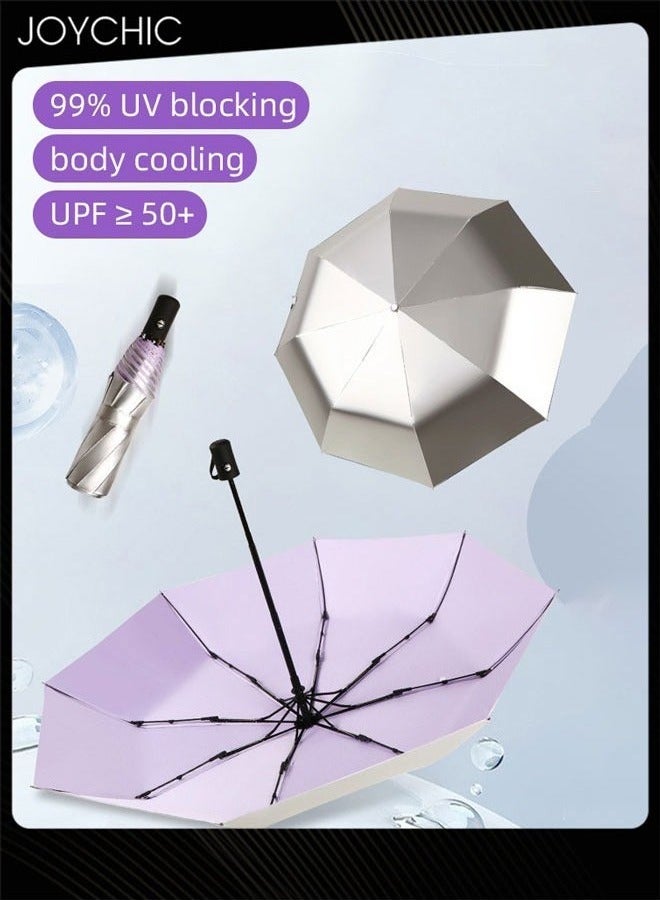 Joychic 8 Ribs Anti-UV Double Coated Titanium Silver Rain and Sun Dual-Purpose Travel Umbrella Silver/Purple  - Image 3