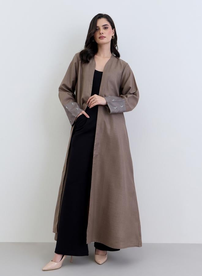 Amirah Brown Linen Abaya with Printed Cuff Detail - Image 2