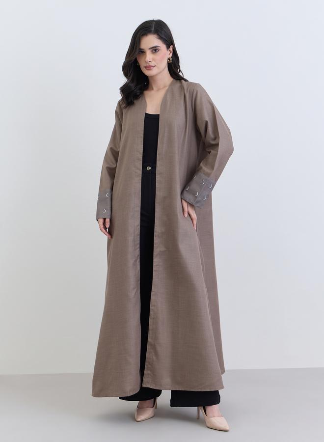 Amirah Brown Linen Abaya with Printed Cuff Detail - Image 3