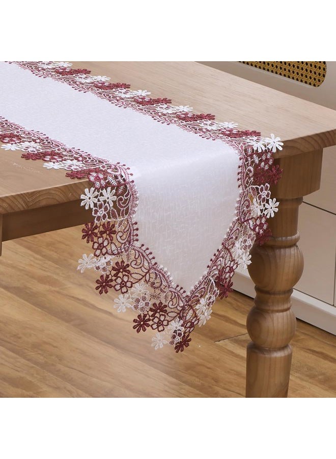 Winotic White Dark Red Floral Lace Jacquard Table Runner Dresser Scarf 72 inches Long for Kitchen Dining Coffee Table Parties Wedding Home Decor (16” x72”, Dark Red Floral) - Image 1