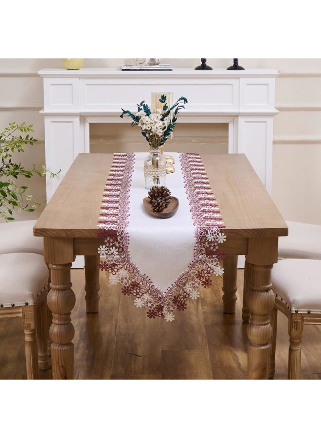 Winotic White Dark Red Floral Lace Jacquard Table Runner Dresser Scarf 72 inches Long for Kitchen Dining Coffee Table Parties Wedding Home Decor (16” x72”, Dark Red Floral) - Image 2