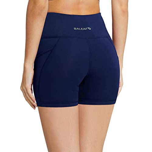 baleaf Biker Shorts Women Yoga Gym Workout Spandex Running Volleyball Tummy Control Compression with Pockets 5" Navy Blue M - Image 3