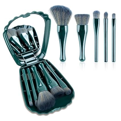 RAXIMEL Makeup Brushes 5pcs Mini Makeup Kit Travel Set Foundation Brush Eyeshadow Brush Make up Brushes Set Travel Portable Cosmetic Brushes Kit with Mirror Dark Green PACK OF 1 - Image 1