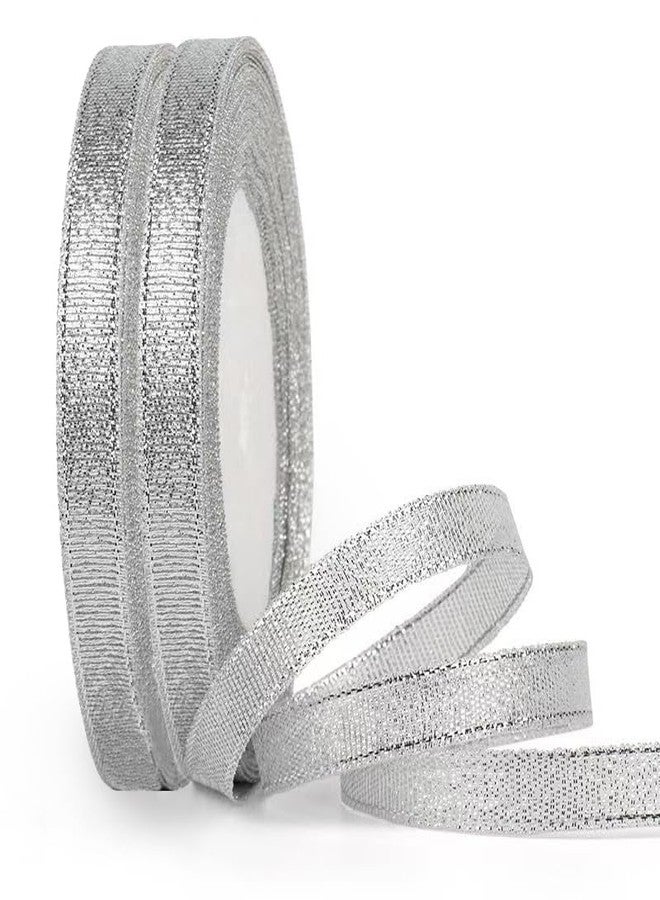 SDZMDL Silver Glitter Ribbon 1/2 Inch, 25 Yards/Roll x 2 Rolls Sparkly Metallic Fabric Ribbons for Easter Gifts Wrapping, Wedding and Crafts.