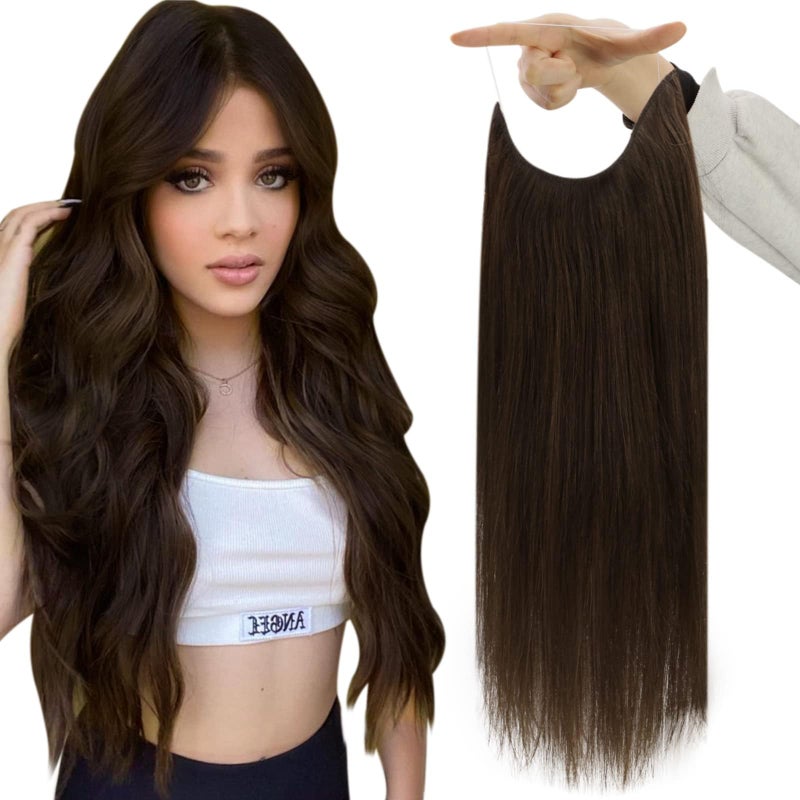 Fshine Wire Hair Extensions Dark Brown Color 10 Inch 50 G Invisible Hidden Wire Human Hair Extensions Layered Hairpiece Clip in One Piece Straight Hair for Women Add Volume 50 G