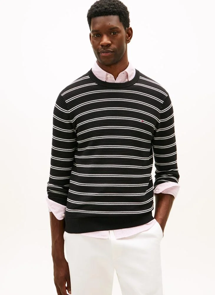 Tommy Hilfiger Black/Ivory Petal Seasonal Structure Crew Neck Sweater for Men | Best Price UAE