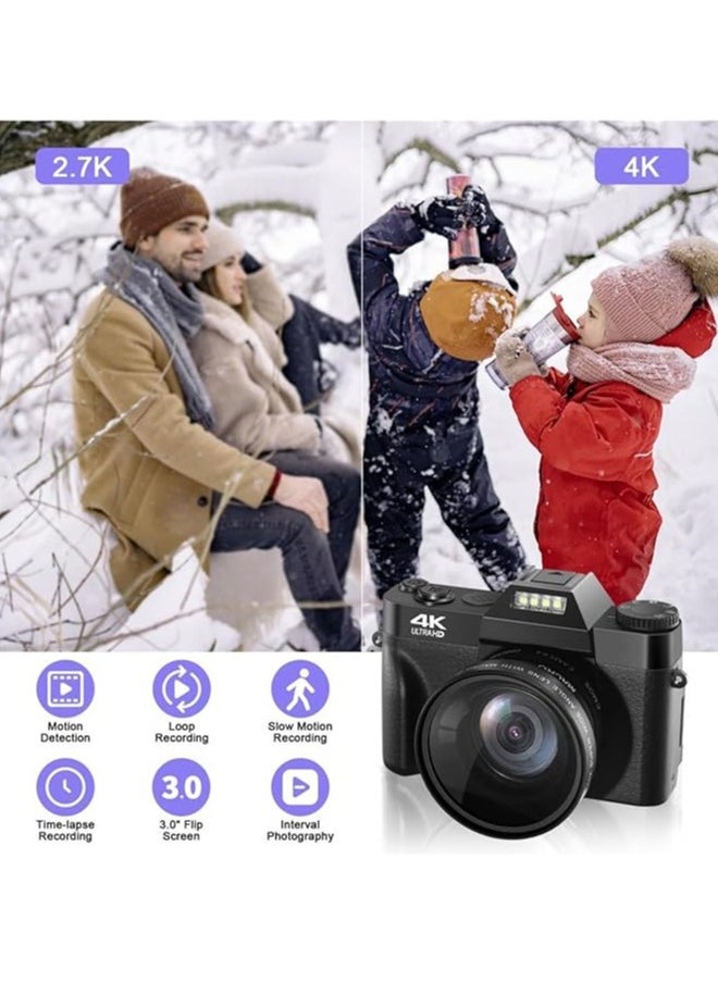 Camcorder 4K Digital Camera 48MP Camcorder Vlog Camera 60FPS Autofocus 16x Zoom Camera Camera Multi-Camera Recording Camera (Wide Angle Lens WIFI)