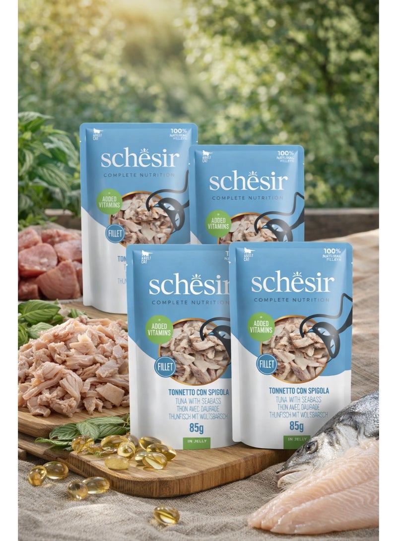 Schesir Complete Nutrition Pouch – Tuna with Seabass in Jelly – Complete & Balanced Wet Cat Food – Added Vitamins – 4 × 85 g - Image 1