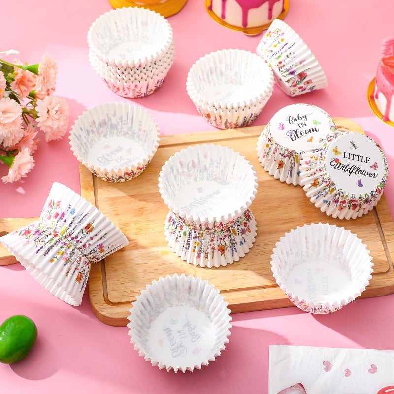 Vesici 300 Counts Wildflower Mini Cupcake Liners Disposable Cupcake Cups Wildflower Paper Baking Cups Wrappers for Ice Cream Snack Birthday Baking Baby Shower Celebration Tea Party Supplies - Image 3