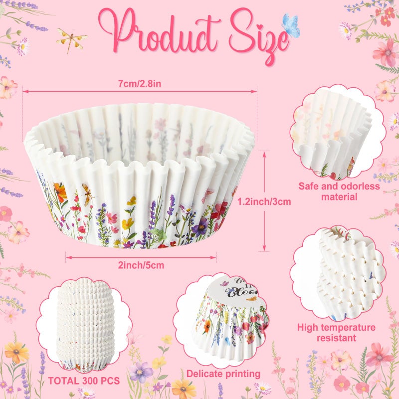Vesici 300 Counts Wildflower Mini Cupcake Liners Disposable Cupcake Cups Wildflower Paper Baking Cups Wrappers for Ice Cream Snack Birthday Baking Baby Shower Celebration Tea Party Supplies - Image 2