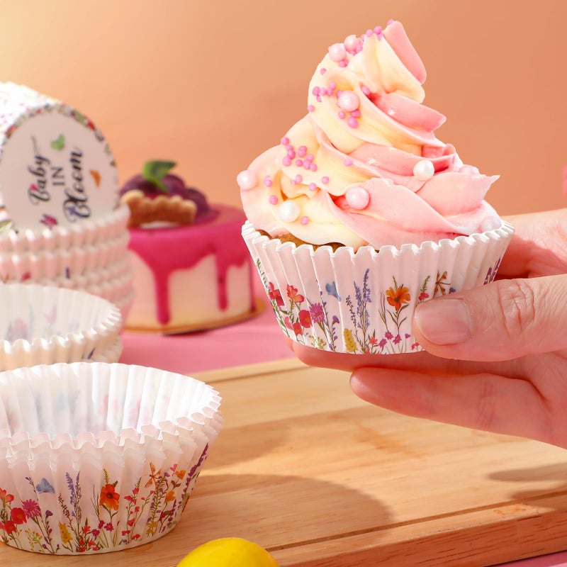 Vesici 300 Counts Wildflower Mini Cupcake Liners Disposable Cupcake Cups Wildflower Paper Baking Cups Wrappers for Ice Cream Snack Birthday Baking Baby Shower Celebration Tea Party Supplies - Image 4