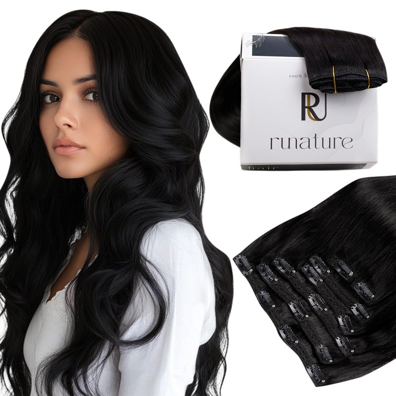 RUNATURE Black Hair Extensions Clip in Human Hair Thick Natural Remy Hair Clip in Extensions for Black Women Full Head Hair Silky Straight 12 Inch 80g 7pcs 1B Off Black